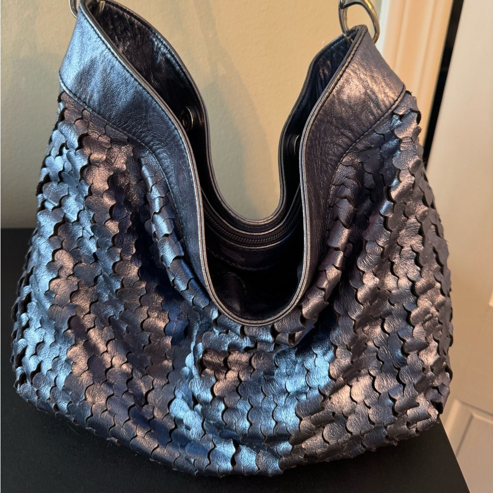 Woven Metallic Navy Hobo Bag - Women